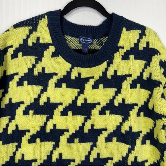 Scoop NYC Navy Blue & Yellow Houndstooth Crew Neck Sweater Women’s Size Medium - Picture 4 of 5